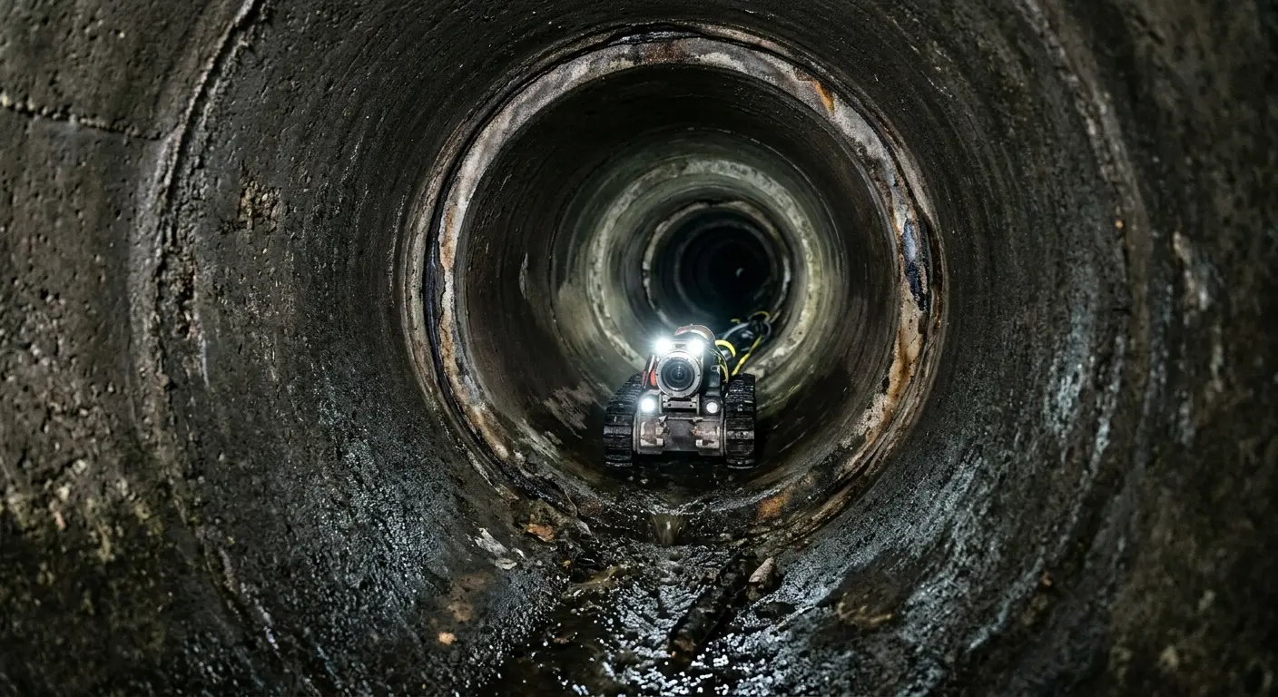 Robotic sewer camera inspecting pipe interior for Sewer Line Repair in Flowing Wells