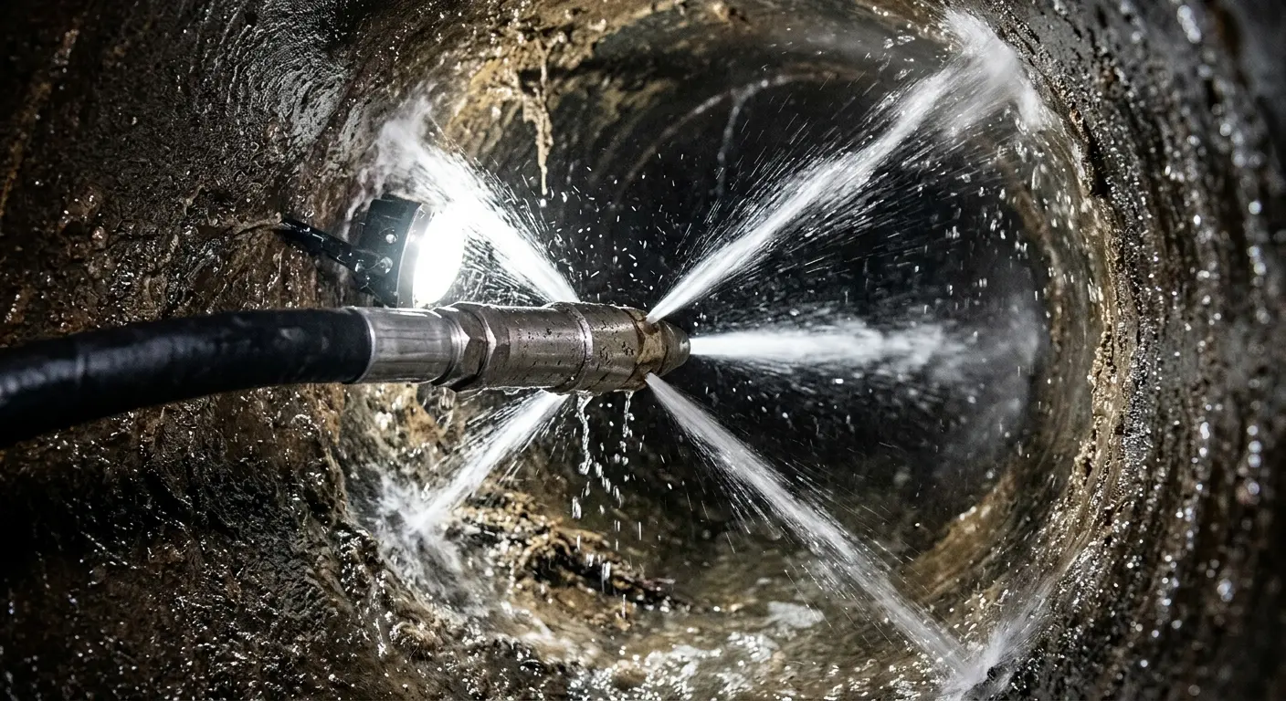 High-pressure hydro jetting nozzle cleaning sewer pipe for Emergency Drain Service in Flowing Wells