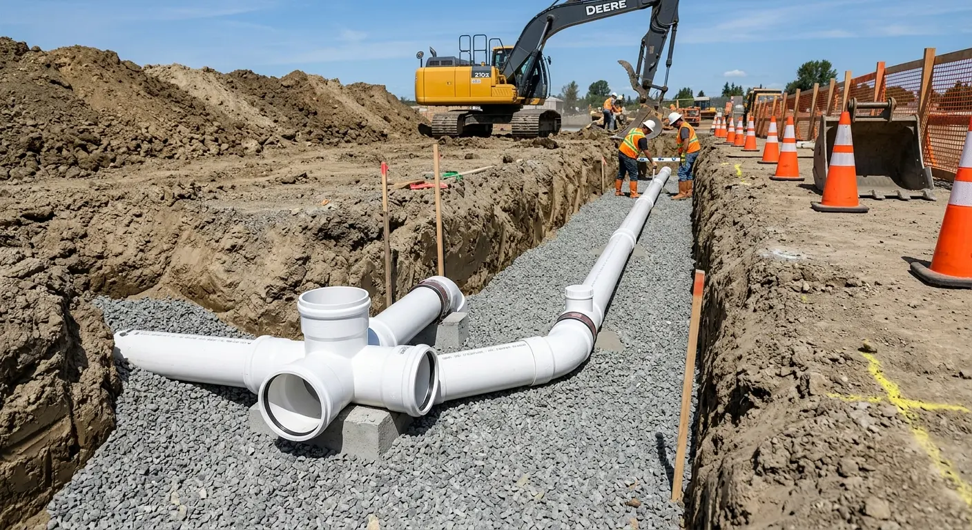 New PVC sewer pipe installation in open trench for Sewer Camera Inspection in Flowing Wells