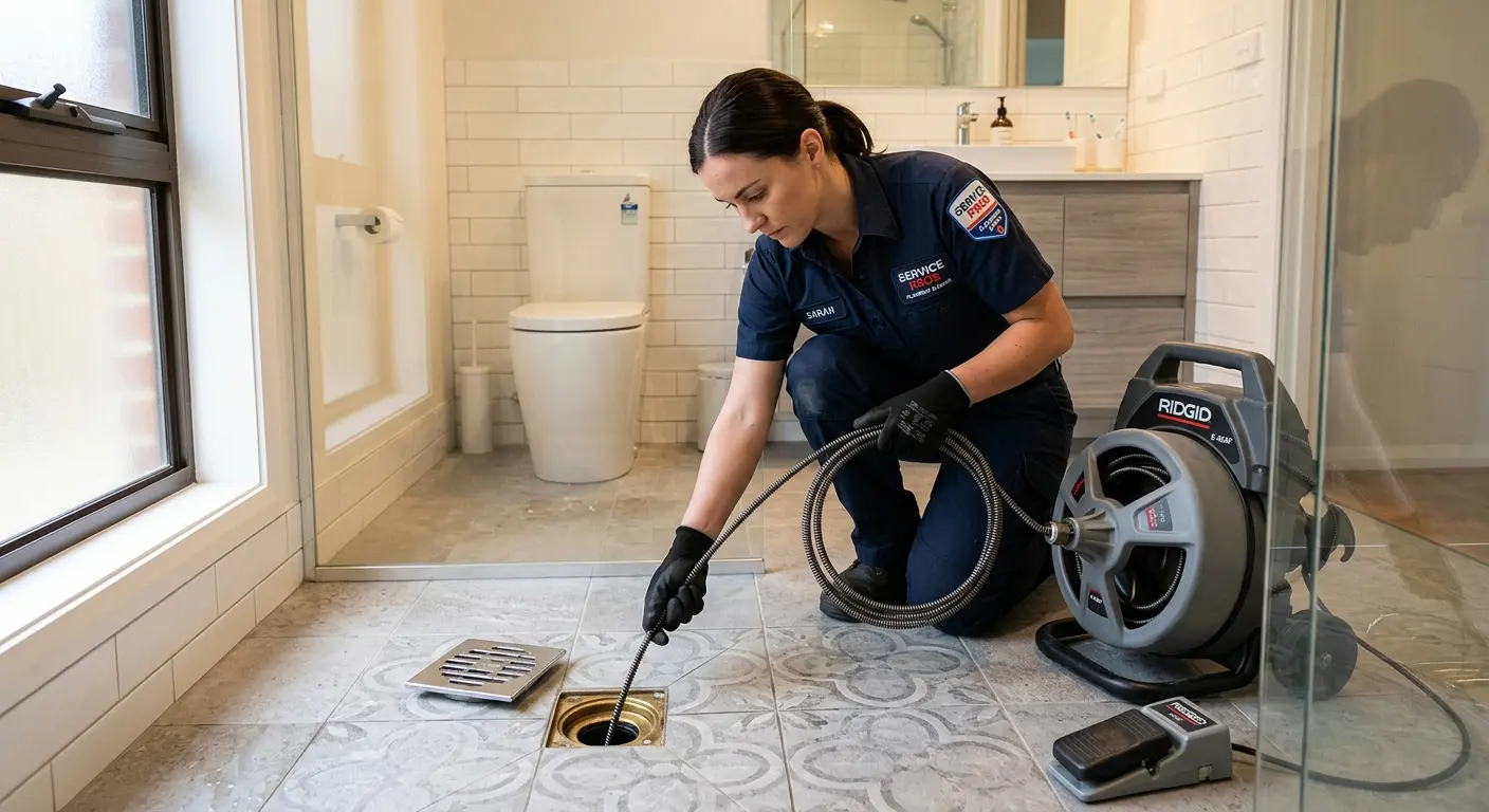 Technician clearing a bathroom floor drain for Sewer Line Replacement in Flowing Wells